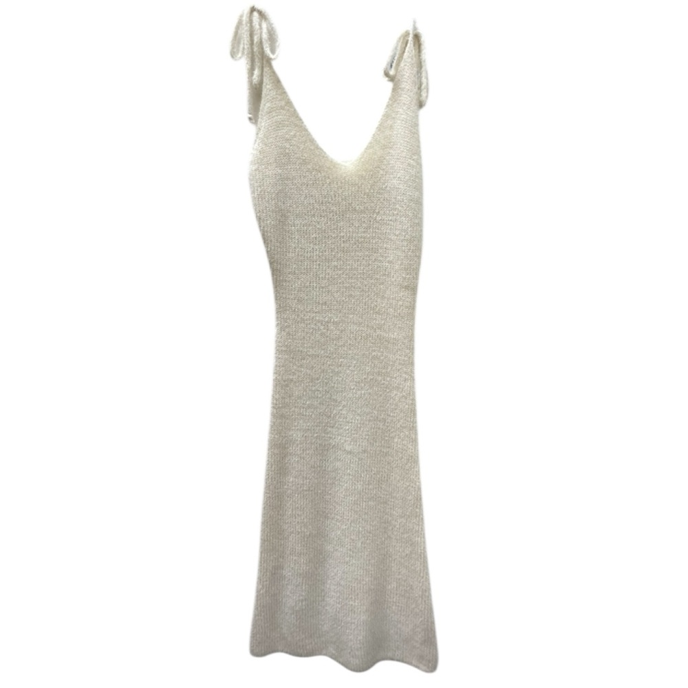 LA MIEL Shoulder Tie Lightweight Knit Sweater Midi Dress Ivory White Size Large